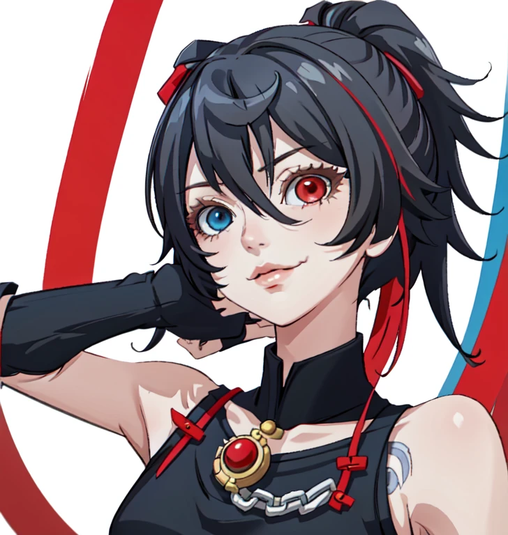 Highest quality, masterpiece, (ultra-detailed), (heterochromia:1.4), blue eyes, beautiful lips, red eyes, short hair, tattoo, black shirt, portrait, solo, 1girl, white and red background, multi-colored background, two colored background, blue background, red background, white background, black hair, tattoos under eyes, chain necklace, portrait, smirk