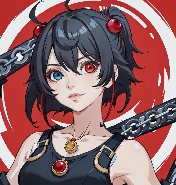 Highest quality, masterpiece, (ultra-detailed), (heterochromia:1.4), blue eyes, beautiful lips, red eyes, short hair, tattoo, black shirt, portrait, solo, 1girl, white and red background, multi-colored background, two colored background, blue background, red background, white background, black hair, tattoos under eyes, chain necklace, portrait, smirk