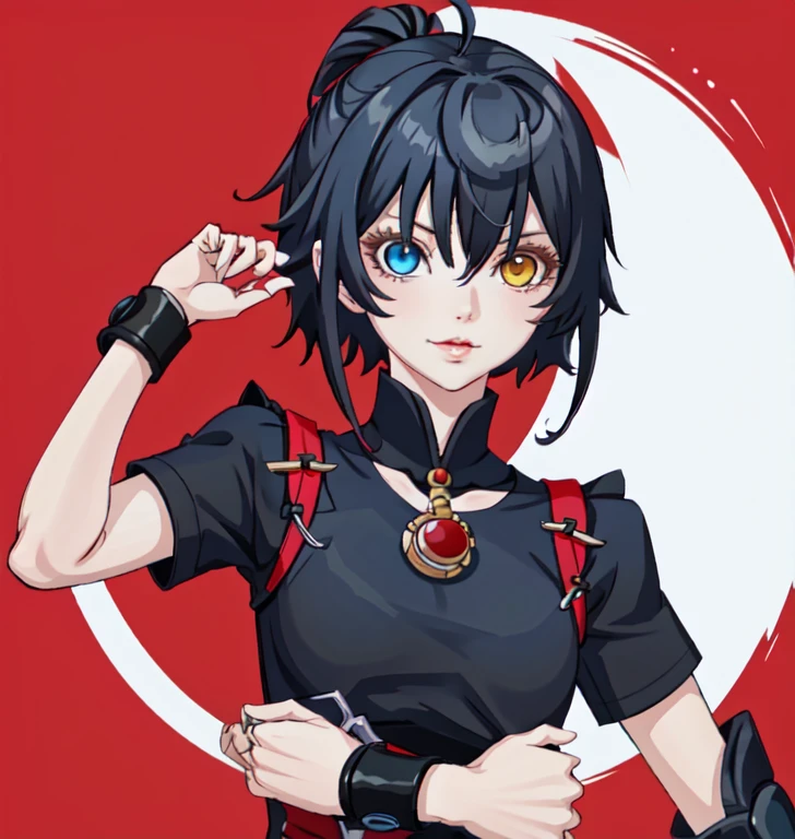 Highest quality, masterpiece, (ultra-detailed), (heterochromia:1.4), blue eyes, beautiful lips, red eyes, short hair, tattoo, black shirt, portrait, solo, 1girl, white and red background, multi-colored background, two colored background, blue background, red background, white background, black hair, tattoos under eyes, chain necklace, portrait, smirk