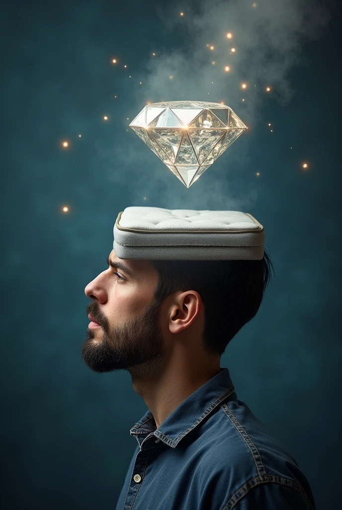 Man thinking about buying a mattress, the idea is that the mattress can be seen inside the mind of that person and hopefully a diamond appears on the mattress 



