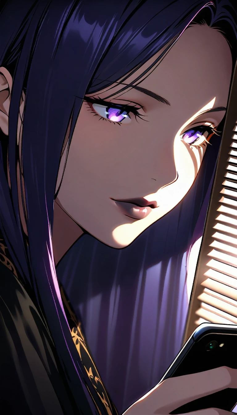 Close-up shot of the bewitching 35-year-old Japanese evil MILF's face, lighting soft and natural with a hint of dramatic shadows highlighting her porcelain skin. Her dark lips curve into a sensual smile as she gazes at the smartphone screen, eyes gleaming with malice. In the background, a subtle blur of news headlines and images of her deceased husband's funeral procession. Composition: subject-centered, with the smartphone dominating the frame. The setting is dimly lit, with a faint hint of morning sunlight peeking through the blinds, symbolizing the darkness that lies within.