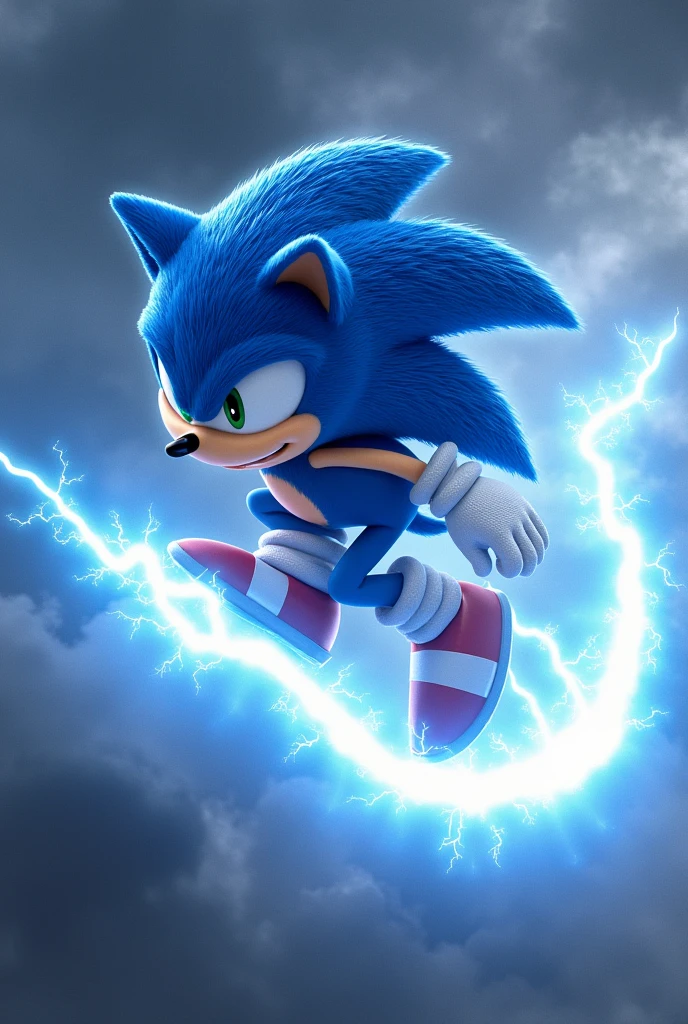 Sonic mounted and riding on a blue lightning bolt