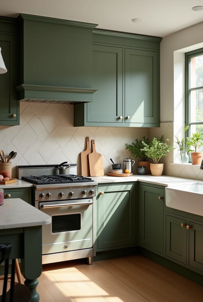 A green kitchen with white and black details and wood, classic and modern that conveys peace and tranquility, with a feeling of home
