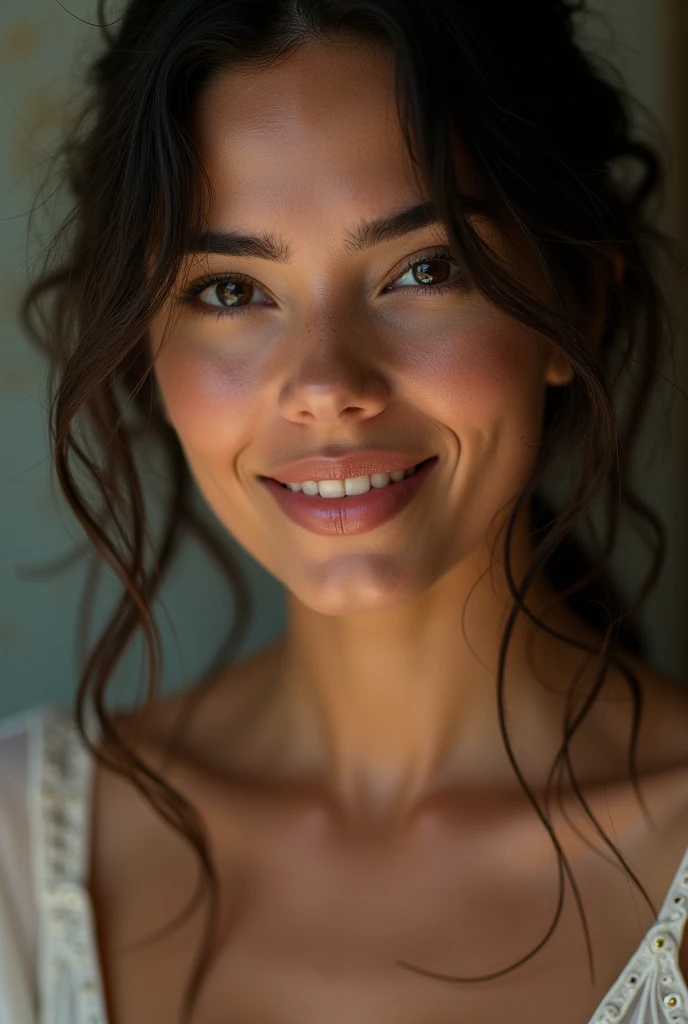 Isabela Merced, portrait photo, close-up of face, wet hair, smiling seductively, (skin texture:1.1), (high detail face:1.1),high detail body, high detail clothes, (masterpiece), (realistic), ultra high definition, 4k, ultra high resolution, film grain, cinematic lighting, rim lighting, photo by Arny Freytag, RAW image