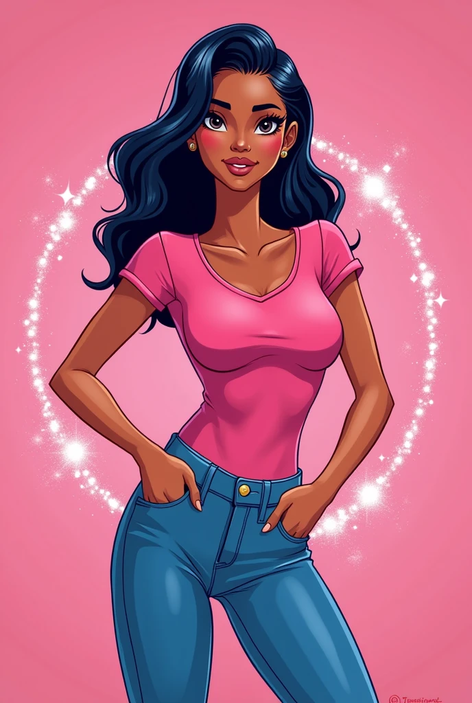 Create a logo of an animated woman with black hair, blue flare jeans, and a pink shirt, with a pink background with sparkles.