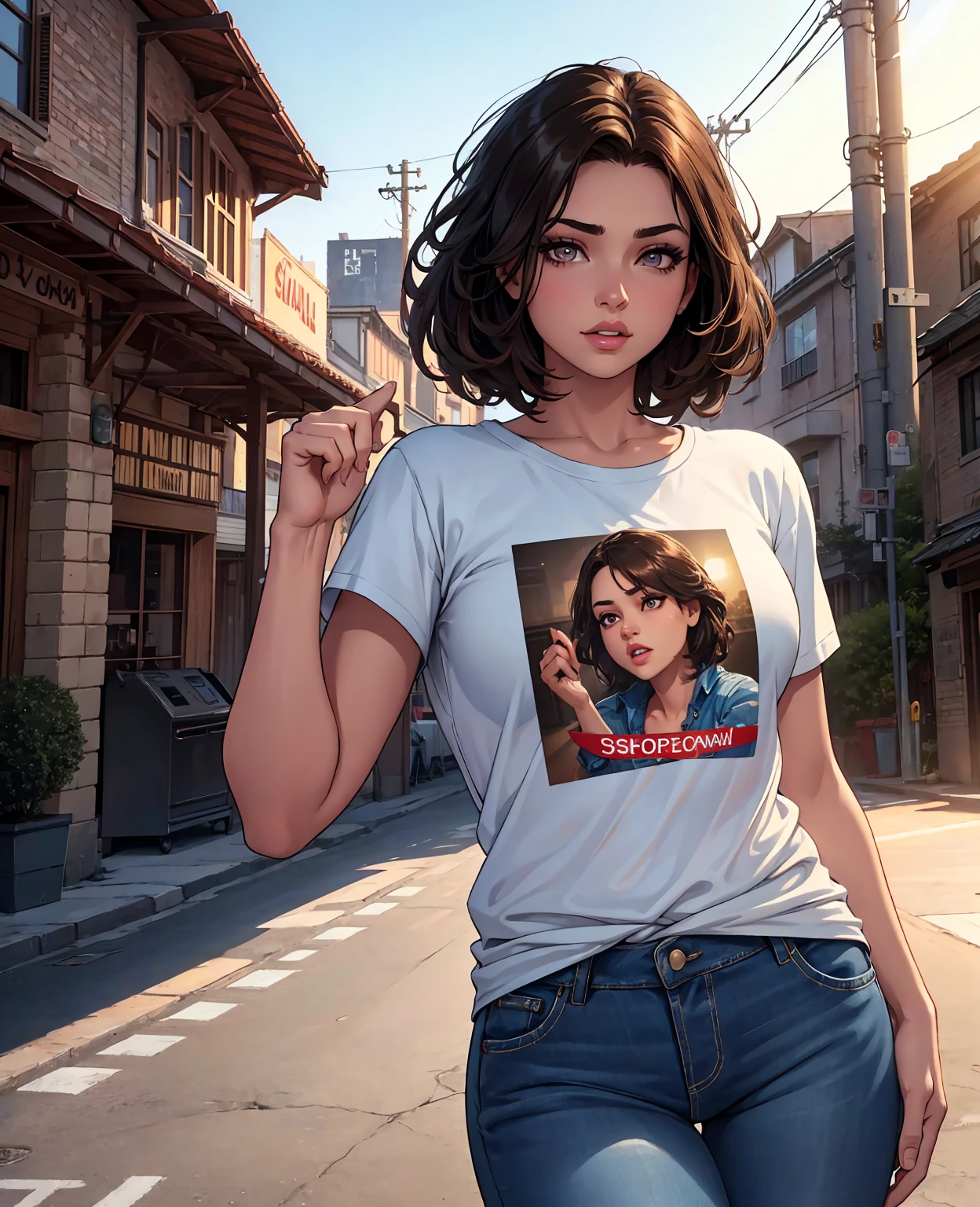 a tomboy girl, short brown hair, beautiful detailed eyes, beautiful detailed lips, extremely detailed eyes and face, long eyelashes, messy hairstyle, wearing a casual t-shirt and jeans, outdoor environment, natural sunlight, (best quality,4k,8k,highres,masterpiece:1.2),ultra-detailed,(realistic,photorealistic,photo-realistic:1.37),professional,vivid colors,landscape,warm color tone,cinematic lighting