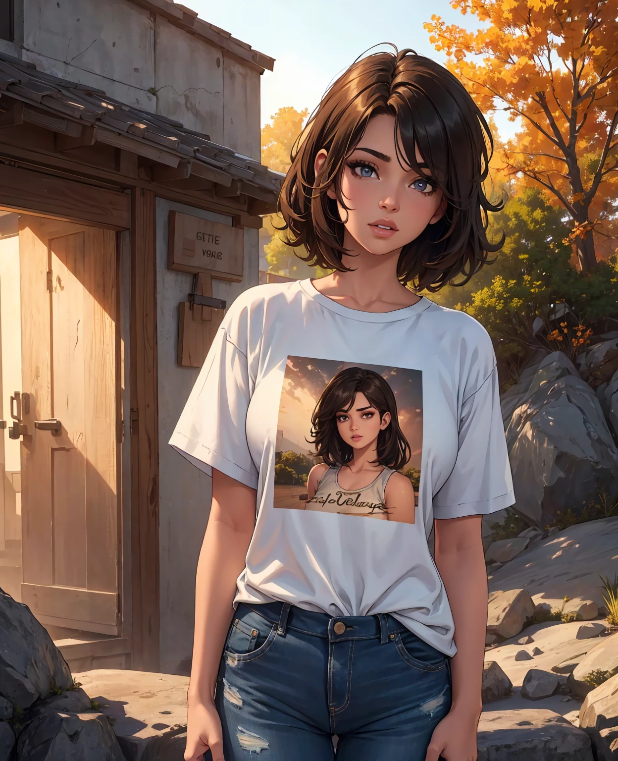 a tomboy girl, short brown hair, beautiful detailed eyes, beautiful detailed lips, extremely detailed eyes and face, long eyelashes, messy hairstyle, wearing a casual t-shirt and jeans, outdoor environment, natural sunlight, (best quality,4k,8k,highres,masterpiece:1.2),ultra-detailed,(realistic,photorealistic,photo-realistic:1.37),professional,vivid colors,landscape,warm color tone,cinematic lighting