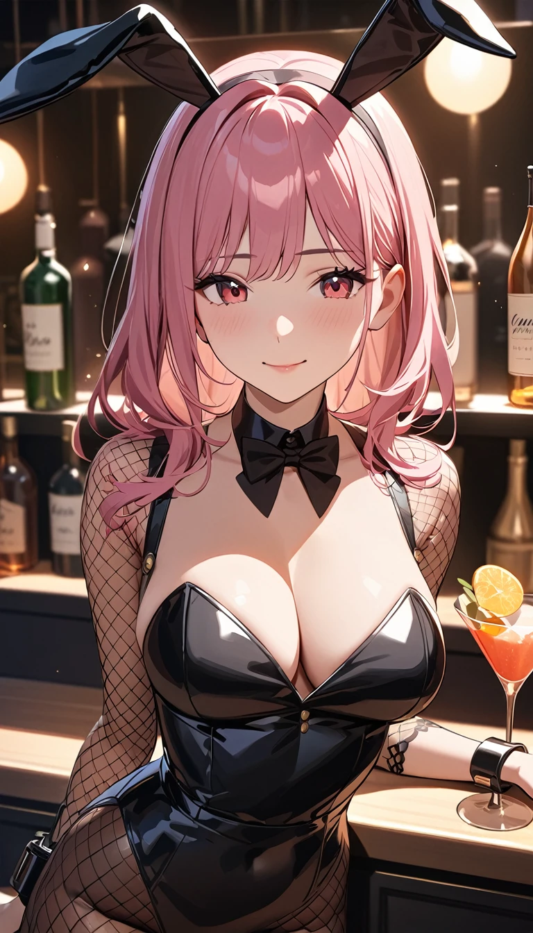 (masterpiece:1.2), game CG, highest resolution, official illustration, three-dimensional coloring, detailed coloring, (detailed description:1.3), (artistic beauty:1.3), (1girl:1.2), (solo:1.2), (cute:1.2), young girl,

pink long hair with slightly curled ends, red eyes, youthful round face with small nose and lips, larger eyes, soft cheeks, slender body, large chest, black tight bunny girl bodysuit, black bunny ears, bow tie, cuffs, fishnet stockings, black high heels, dimly lit bar with counter, bartender, cocktail glasses, shelves lined with bottles, leaning on the counter and lightly smiling, dim lighting with spotlight on character, dark color scheme, slightly seductive atmosphere, realistic style, cocktail glass on the counter, holding a tray, working as a bartender, relaxed and slightly seductive vibe