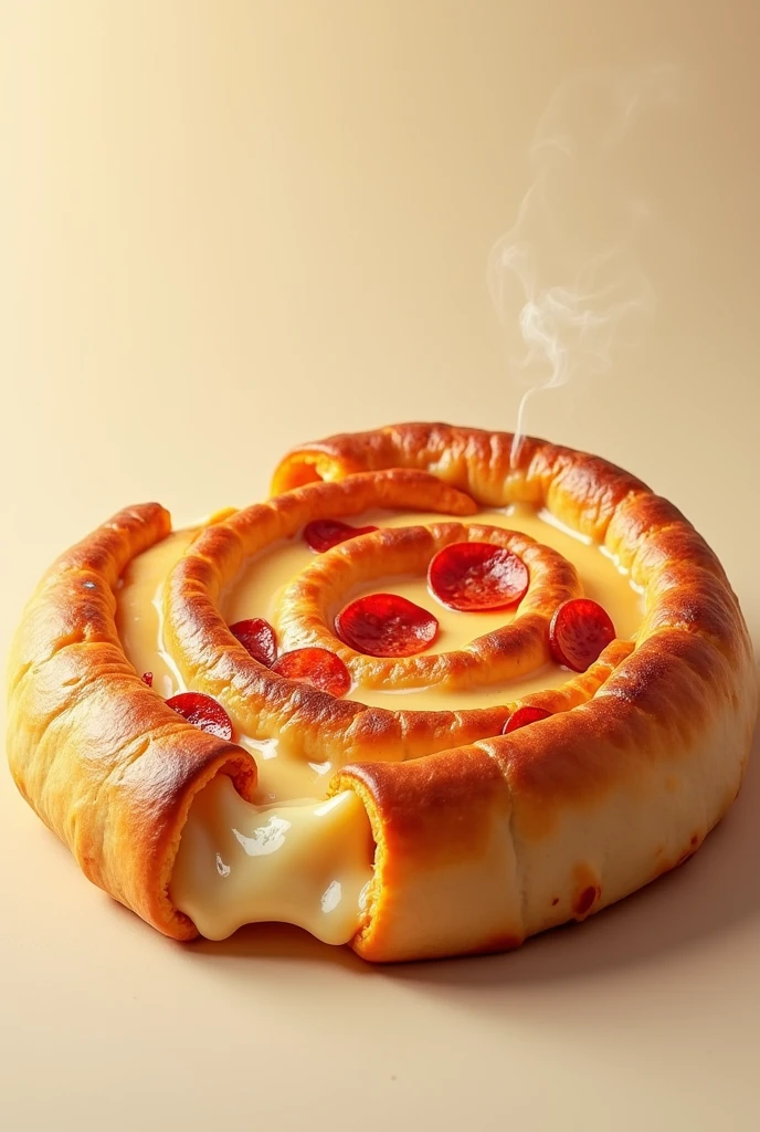 A pizza roll unrolling with melted cheese and pepperoni visible