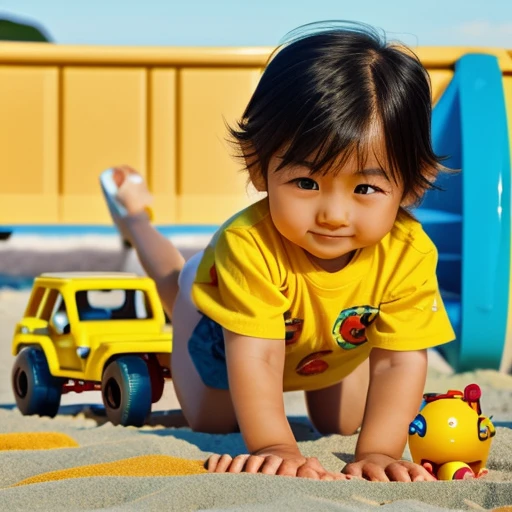 a Japanese child, playing with a yellow toy truck, on a beach, anime style, long brown hair, realistic young child