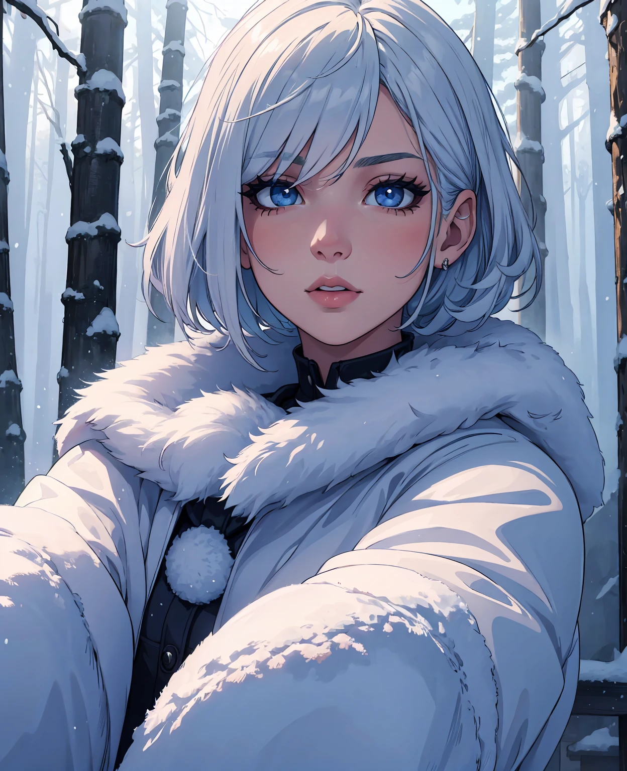 A tomboy girl in a snowy landscape, portrait of a girl with short hair wearing winter clothes, beautiful detailed eyes, beautiful detailed lips, extremely detailed eyes and face, long eyelashes, beautiful detailed face, cinematic lighting, realistic, photo-realistic, 8k, masterpiece, highly detailed, intricate details, vivid colors, soft lighting, dramatic shadows, cold winter atmosphere, snowy forest, pine trees, snow-covered branches, icy lake, breathtaking scenery