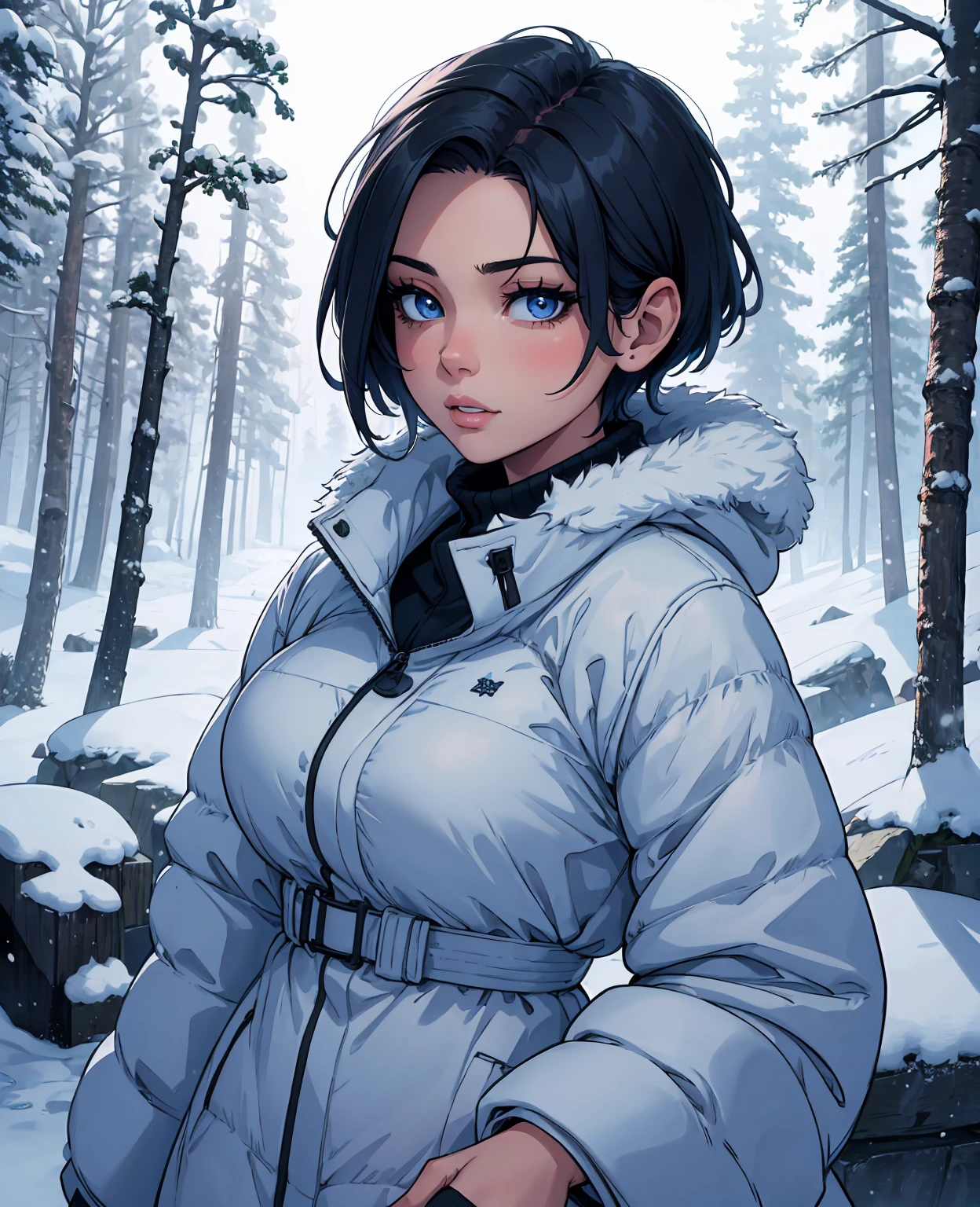 A tomboy girl in a snowy landscape, portrait of a girl with short hair wearing winter clothes, beautiful detailed eyes, beautiful detailed lips, extremely detailed eyes and face, long eyelashes, beautiful detailed face, cinematic lighting, realistic, photo-realistic, 8k, masterpiece, highly detailed, intricate details, vivid colors, soft lighting, dramatic shadows, cold winter atmosphere, snowy forest, pine trees, snow-covered branches, icy lake, breathtaking scenery