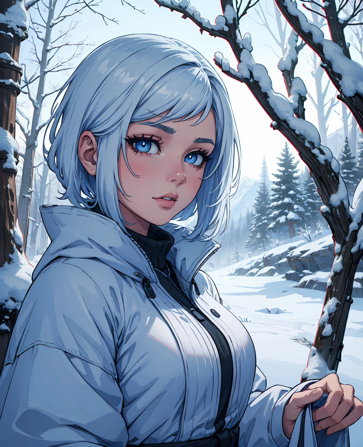 A tomboy girl in a snowy landscape, portrait of a girl with short hair wearing winter clothes, beautiful detailed eyes, beautiful detailed lips, extremely detailed eyes and face, long eyelashes, beautiful detailed face, cinematic lighting, realistic, photo-realistic, 8k, masterpiece, highly detailed, intricate details, vivid colors, soft lighting, dramatic shadows, cold winter atmosphere, snowy forest, pine trees, snow-covered branches, icy lake, breathtaking scenery