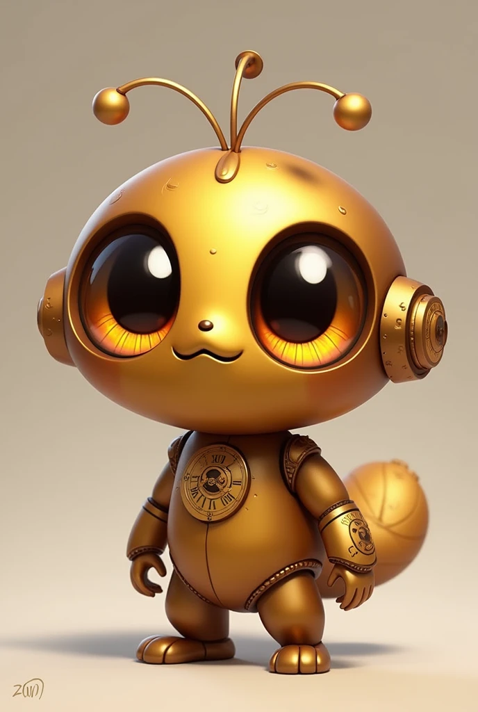 "Generate a small Kwami character named Géar, inspired by clockwork mechanisms, in the style of Miraculous Ladybug. Géar should have a cute and whimsical appearance, with a smooth, rounded body typical of Kwamis. Its main color is shiny bronze, but the design should remain simple and stylized, not overly mechanical. The Kwami has large, expressive golden eyes with pupils resembling subtle gears, maintaining a friendly and curious expression. Avoid complex or heavy machinery; focus on soft, organic lines with a few steampunk-inspired details, like small, delicate gears or clock motifs. The overall look should fit seamlessly into the Miraculous Ladybug universe, exuding charm and playfulness."