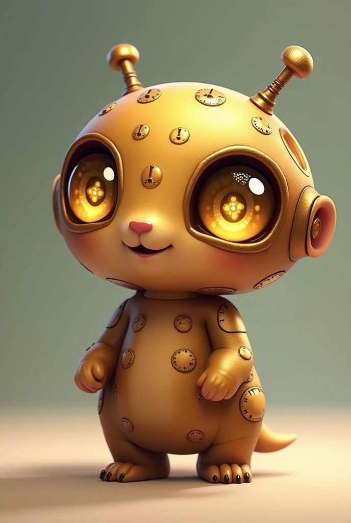 "Generate a small Kwami character named Géar, inspired by clockwork mechanisms, in the style of Miraculous Ladybug. Géar should have a cute and whimsical appearance, with a smooth, rounded body typical of Kwamis. Its main color is shiny bronze, but the design should remain simple and stylized, not overly mechanical. The Kwami has large, expressive golden eyes with pupils resembling subtle gears, maintaining a friendly and curious expression. Avoid complex or heavy machinery; focus on soft, organic lines with a few steampunk-inspired details, like small, delicate gears or clock motifs. The overall look should fit seamlessly into the Miraculous Ladybug universe, exuding charm and playfulness."