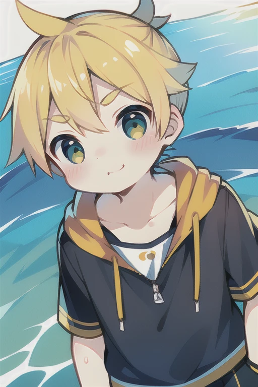 Highest quality, (high quality),eye highlights,arms are thin, thin body,put both hands on cheeks,face,from front,(portrait),((very short hair)),look at viewer,droopy eyes,smile,Pouting mouth,open your mouth and laugh,(((chilled boy))), (1 boy),kagamine len,yellow hair, spiked_hair,ponytail hair, swim suit,half pants,illustration, beach,summer,sea, splash of water,