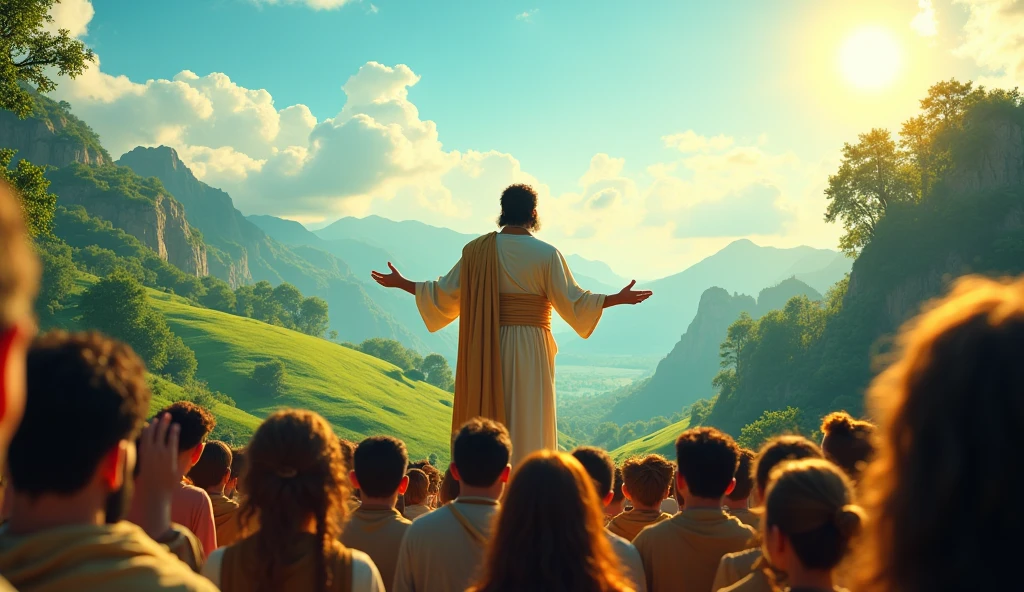 An apostle stands on a hill, Preaching to a crowd. The scene is vibrant, with people of different ethnicities listening attentively. The sky is clear blue, and the landscape is green and lush, conveying hope and transformation.