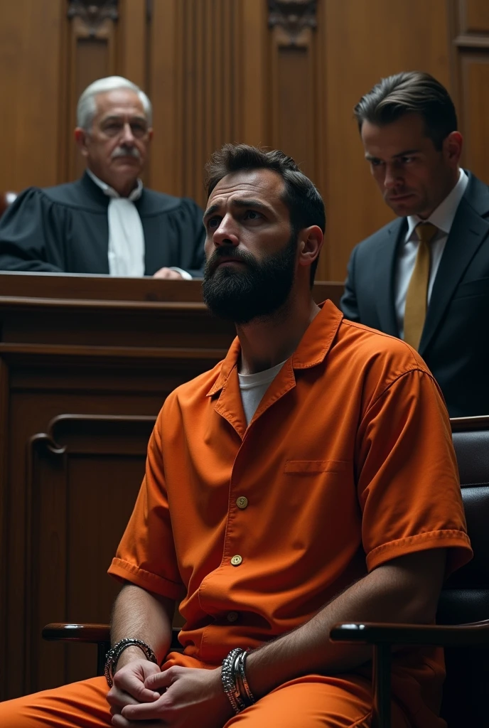 Image of a criminal judge in a courtroom sentencing a male defendant who is in the back of the courtroom dressed in orange, sad, handcuffed, and sitting next to his lawyer.