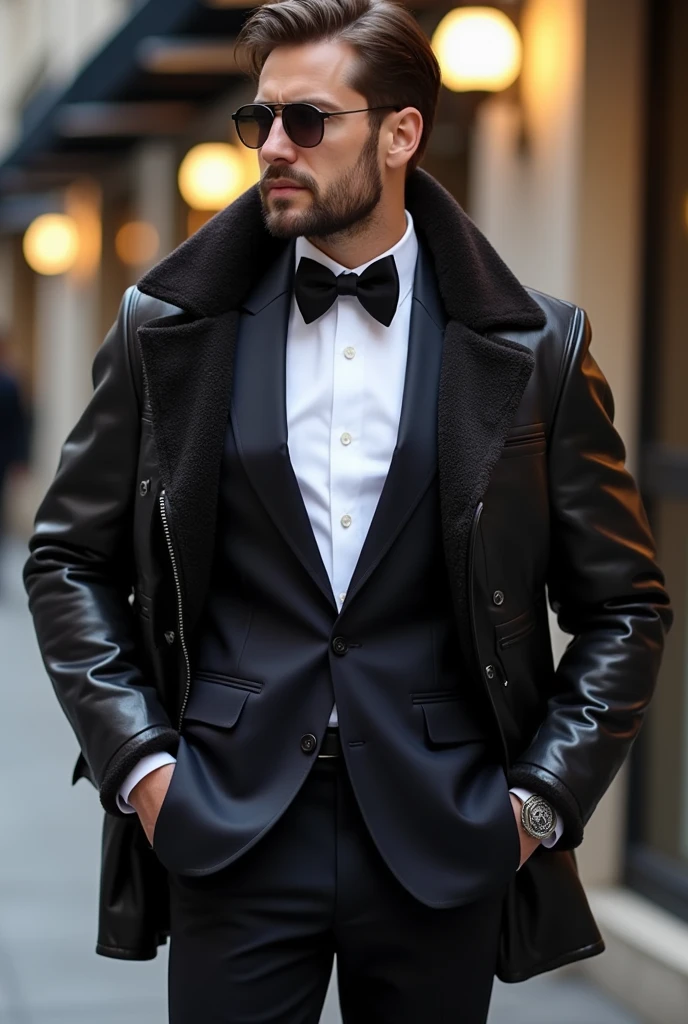 Bowtie suit and leather and moncler maya jacket
