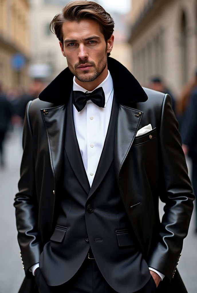 Bowtie suit and leather and moncler maya jacket