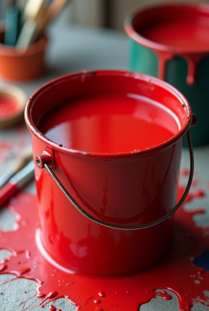 A red bucket of paint with the color red 