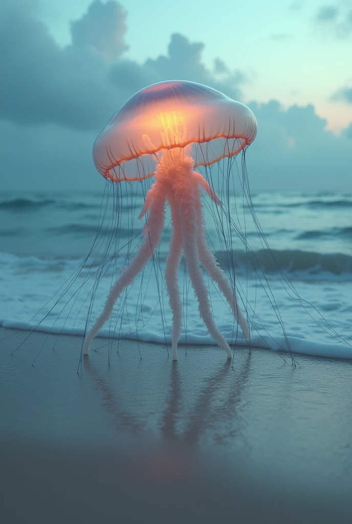 The expressive jellyfish, with a psychological message, that swims in the waves, on the seashore