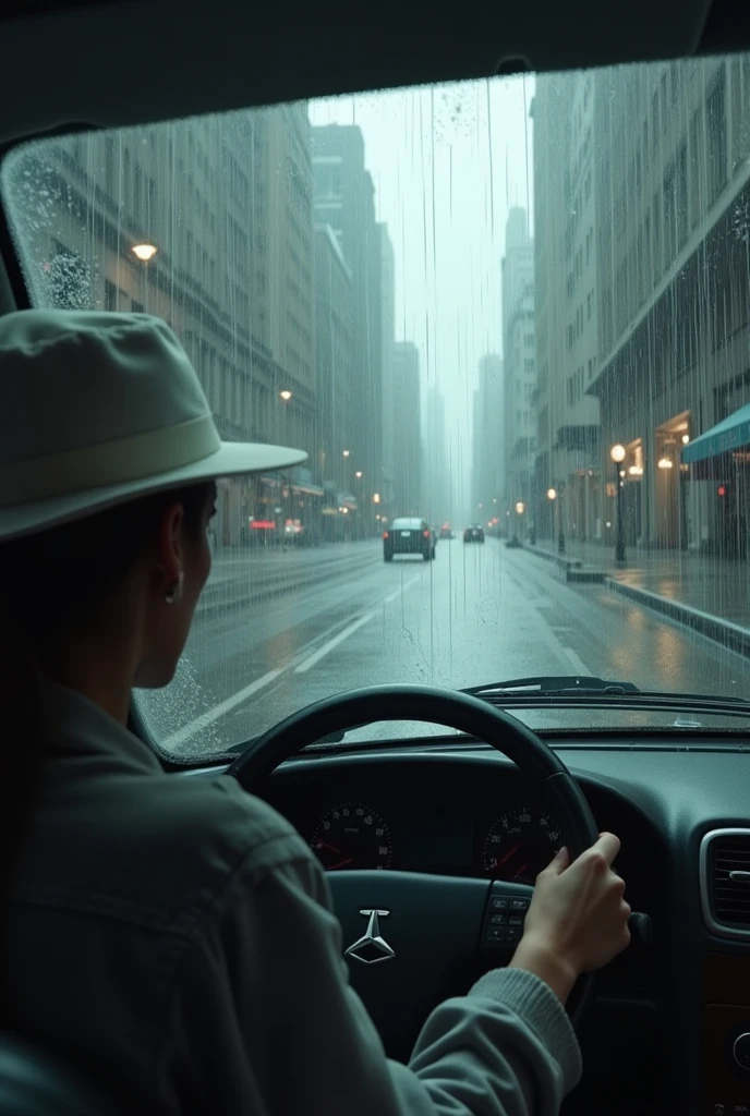 Rain and flood view from inside a car , A woman in a white hat is driving