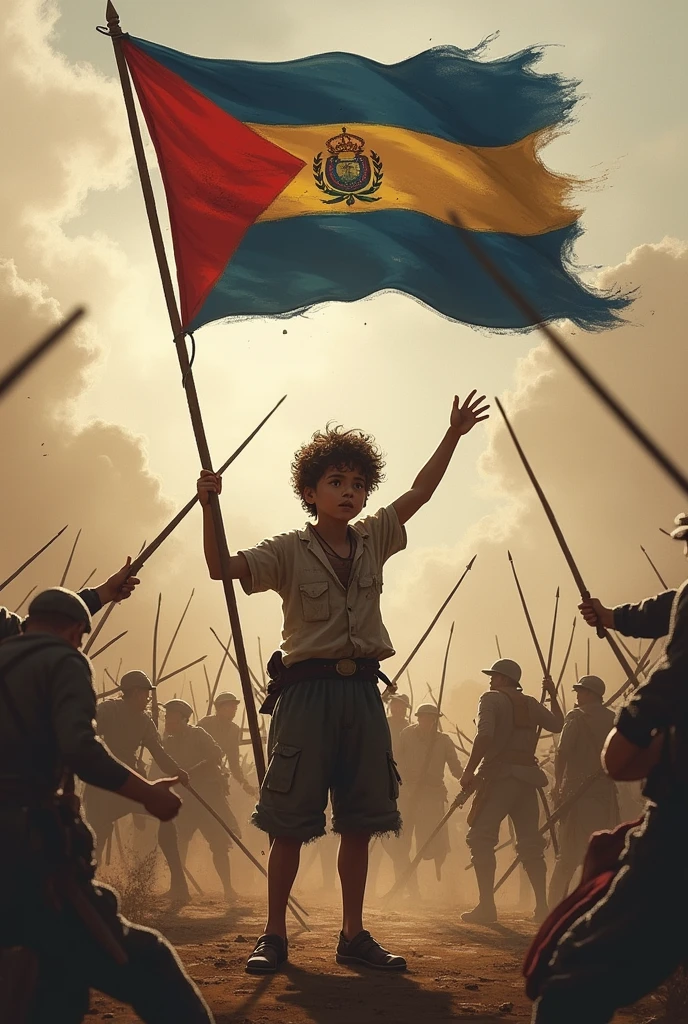 A thin, tall boy with torn and dirty clothes, in the middle of a battle during the 1750 war
holding the flag of Paraguay