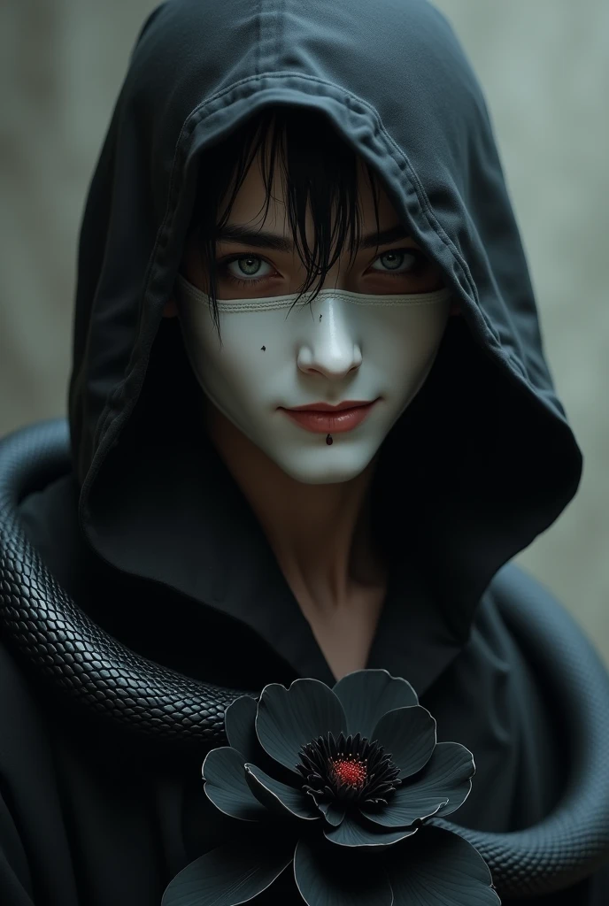 A slender man, black hair, Pale skin, a small scar across his eyebrow, grey eyes, sexy smile, defined factions, with a hood, a white mask covering half his face, a black snake on his shoulder and a black camellia in his hand. extremely realistic image, so much that it looks real and not AI generated