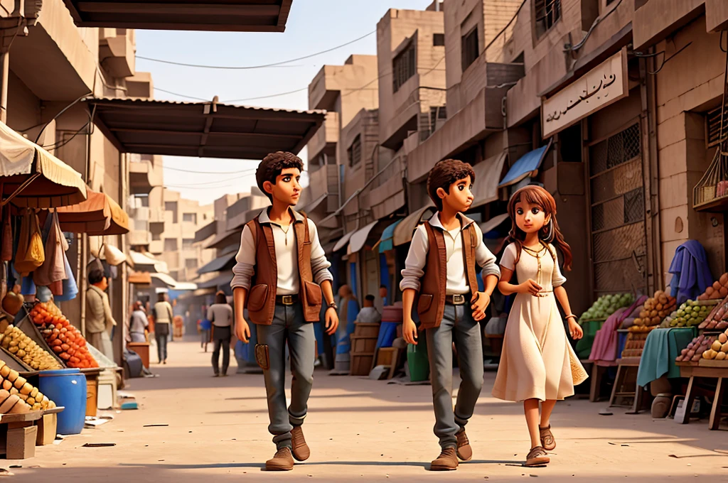 In one of the alleyways of the Baghdad market, a messenger meets a young lady and tells her to follow him.