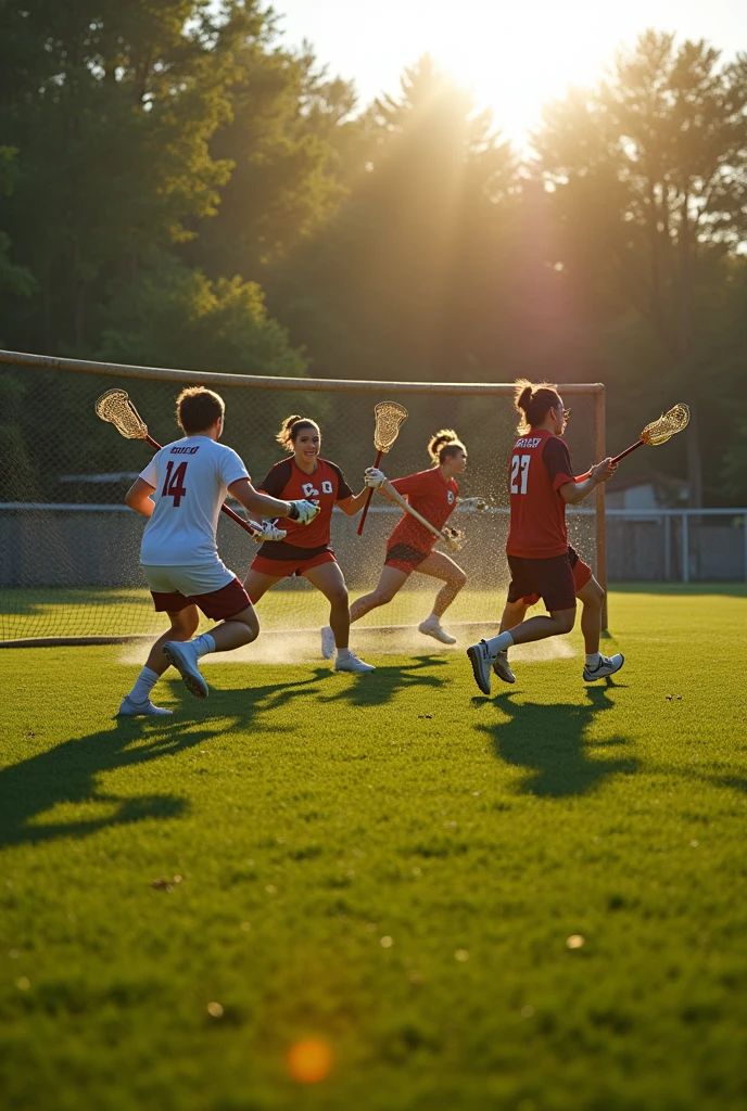 An outdoor lacrosse field, with players in action. The field has a green, well-maintained lawn, surrounded by a wire fence and trees in the background. The sunlight is low, creating long shadows..realisitic,cinematic, 8k
