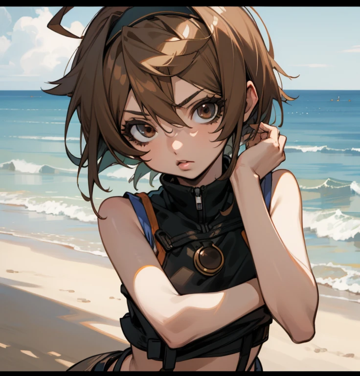 Yuffie_Kisaragi_01 Girls,  Brown eyes, Short hair, head band, Brown hair, sleeveless turtleneck, croptop, Beach, enraptured, Parted lips,(((facefocus))),Close Up Shot,Looking at Viewer,Slouched,((Hands behind the body)),frontage