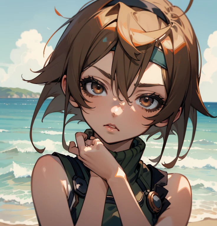 Yuffie_Kisaragi_01 Girls,  Brown eyes, Short hair, head band, Brown hair, sleeveless turtleneck, croptop, Beach, enraptured, Parted lips,(((facefocus))),Close Up Shot,Looking at Viewer,Slouched,((Hands behind the body)),frontage