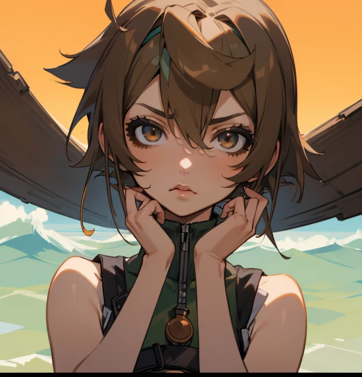 Yuffie_Kisaragi_01 Girls,  Brown eyes, Short hair, head band, Brown hair, sleeveless turtleneck, croptop, Beach, enraptured, Parted lips,(((facefocus))),Close Up Shot,Looking at Viewer,Slouched,((Hands behind the body)),frontage