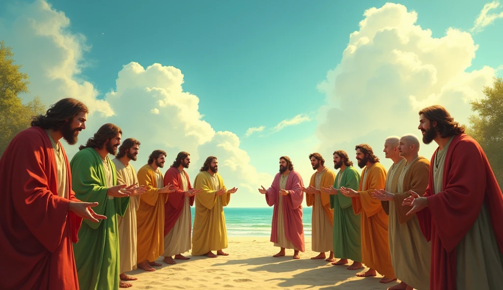 A vibrant scene of apostles gathered in an outdoor setting, discussing and sharing teachings. The background is a clear blue sky with white clouds, symbolizing hope. Colors are warm, with shades of gold and green. The composition is dynamic, with the apostles in varied positions, expressing emotion and passion on their faces.