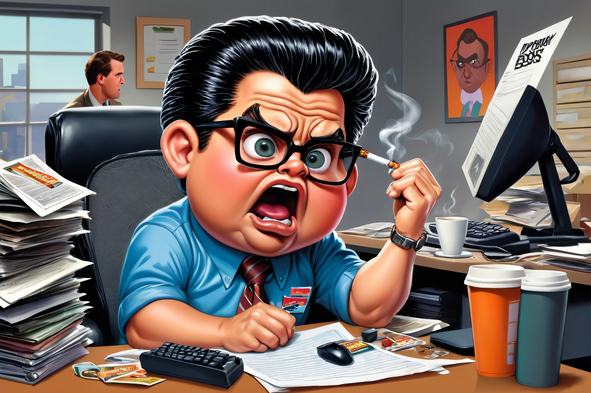 An illustration of a Garbage Pail Kids trading card featuring a quirky, exaggerated depiction of a male computer guy in an office setting, inspired by the 2005 series The Office. The character has a military haircut with black hair streaked with white, adding a touch of maturity to his comically exaggerated appearance. He sits at a cluttered desk overflowing with tangled cables, outdated computer monitors, and coffee-stained paperwork. He holds a lit cigarette in one hand, with smoke curling up, and a white coffee mug that prominently reads 'World's Best Boss' in the other. A cluttered ashtray overflowing with cigarette butts sits on the desk. His expression is a mix of frustration and mania, with exaggerated features like large, tired eyes. The office background includes humorous details reminiscent of The Office, such as a stapler in Jello, sticky notes, and a chaotic stack of keyboards. The illustration is vibrant and exaggerated, capturing the iconic, slightly gross-out humor typical of Garbage Pail Kids while nodding to the setting and humor of The Office