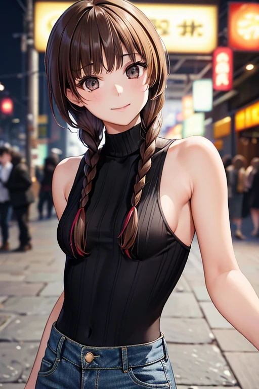 Yuno Shimazu、Shiny brown hair,Long Hair,  、((Two braids of equal length:1.5、Hair that falls over the shoulders)),Beautiful brown eyes、Sparkling eyes, Fine grain、smile、Super detailedな目、Highly detailed face, Highly detailed eyes,Cowboy Shot、


((masterpiece, Highest quality, High resolution, 超High resolution, Pixel perfect, Depth of written boundary, 4K, RTTX 10.0, High resolution))),
1 person, Absurd,、Sleeveless black turtleneck ribbed crop knit,Denim pants、 Sharp focus, Depth of written boundary, Perfect body, Perfect Anatomy, Sharpness, Absurd, employment, Super detailed, Sharp focus,  Depth of written boundary, Perfect body, Perfect Anatomy, Shibuya Street, Dancing, Motion Blur, Looking at the audience,