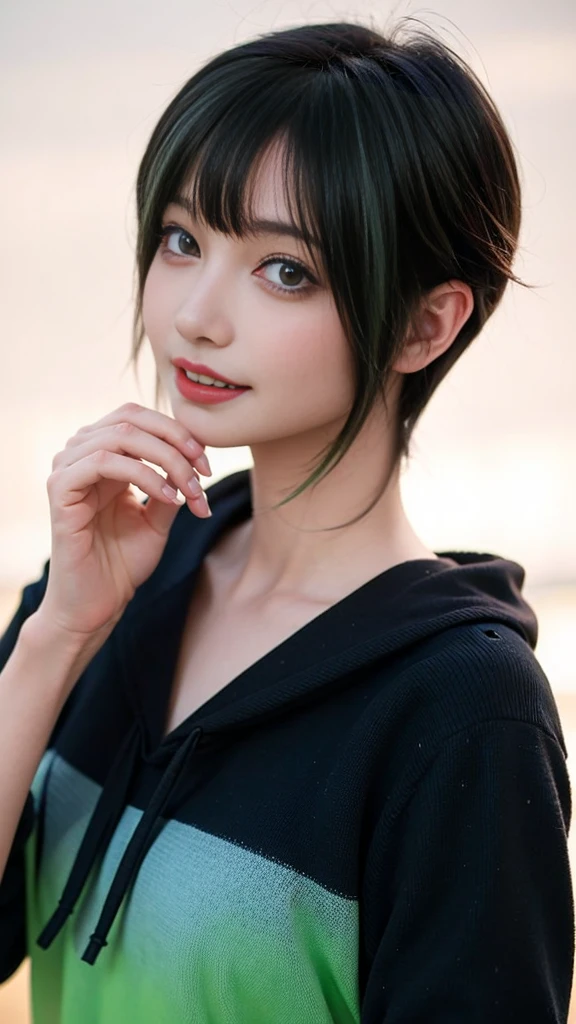 1 girl, alone, alone focus, cowboy shot, portrait, oversized hoodie, aqua green and white hoodie, half aqua, half green, ((black hair)), (yellow hair), (gradient hair :1.5), curly hair, ((pink eyes)), highly detailed eyes, tan, (dark caramel skin:1.1), highest quality, Super detailed, white background, simple background、happy smile、beautiful decollete、long neck、stick out ears