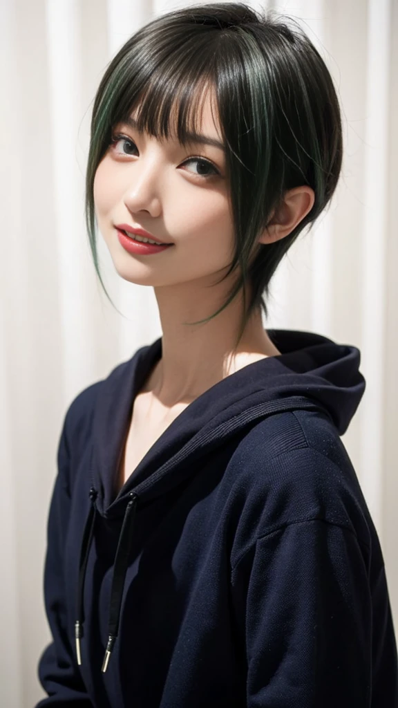 1 girl, alone, alone focus, cowboy shot, portrait, oversized hoodie, aqua green and white hoodie, half aqua, half green, ((black hair)), (yellow hair), (gradient hair :1.5), curly hair, ((pink eyes)), highly detailed eyes, tan, (dark caramel skin:1.1), highest quality, Super detailed, white background, simple background、happy smile、beautiful decollete、long neck、stick out ears
