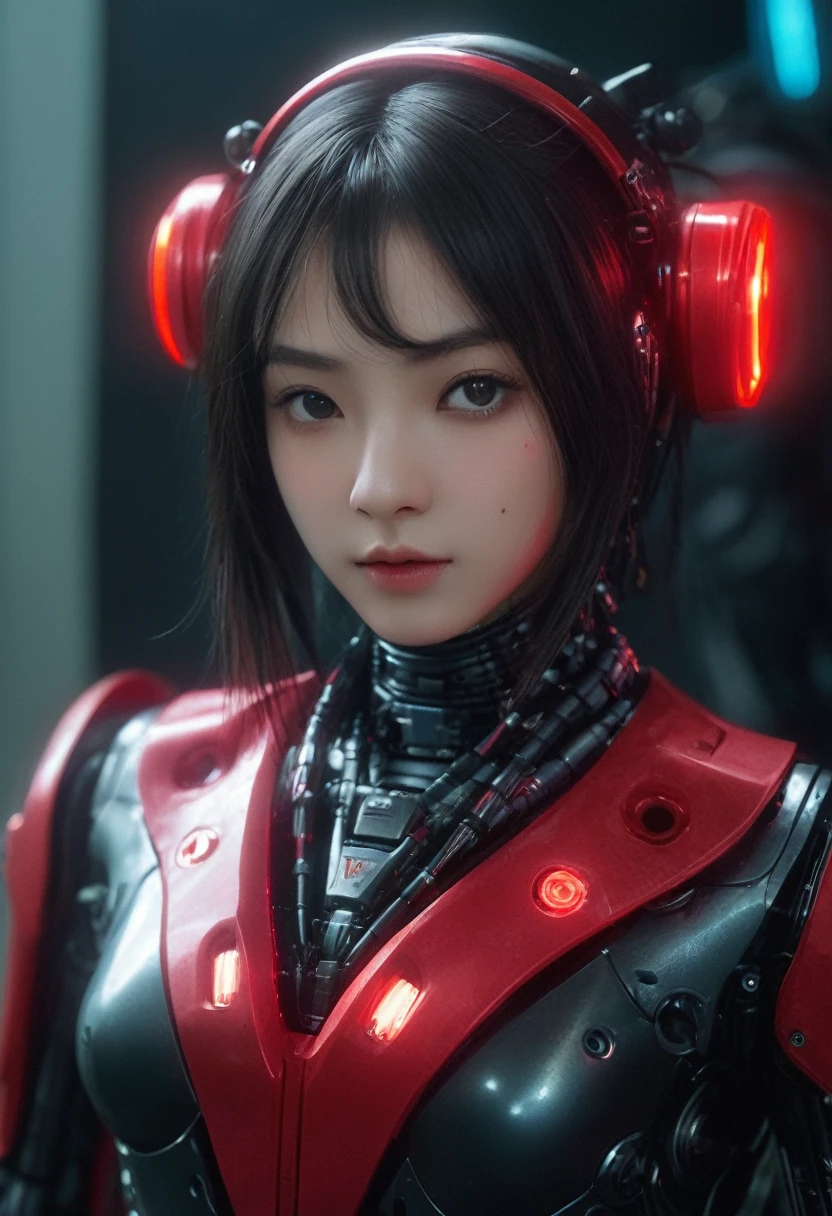 xxmixgirl. Highly detailed professional 35mm film, bokeh, face in sharp focus. A robotic female, Miku, with ((metal skin)), ((perfect Asian eyes)) with magenta irises and ((black pupils)), beautiful serious (detailed face), 18 year old ((photorealistic face)), very long magenta twin tails of magenta hair, twin black hair ties with a single red stripe. She may have a black audio headpiece. We can see her ((full body)) down to her boot soles. Her outfit is a sleeveless collared light grey shirt, outlined in red around the frilled collar and hems. Shiny reflective ((metallic breast cups, dimpleless)), invisible nipples. She wears black sleeves with red hems that start around her upper arm and bellow out as the sleeves open and extend to her wrists, with wide trumpet red rimmed cuffs. She has perfect robotic (detailed hands). She wears a red colored tie with two horizontal solid parallel black lines halfway across. She wears a fabric black skirt with a horizontal red hem at the bottom all the way around; her (((black skirt wraps around her))) and ((her skirt completely covers)) her robotic waist and thighs. Tall black boots with red bottom soles, a red rim around the top at her thighs. Her mechanical shoulder joints are visible. We can see her robotic legs and robotic neck. Half of her is covered with shiny polished machinery. The background is a distant dark neon futuristic Japanese city, gold, cyan, violet neon, near harbor or mountains.