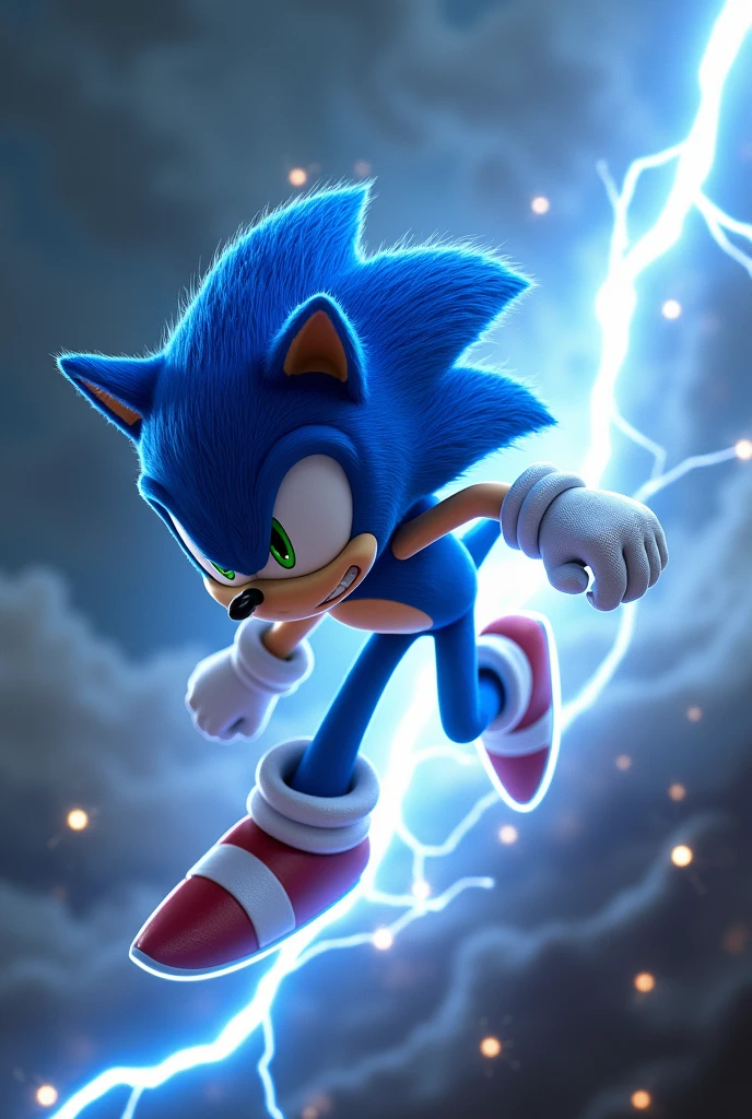 Sonic mounted and riding on a blue lightning bolt