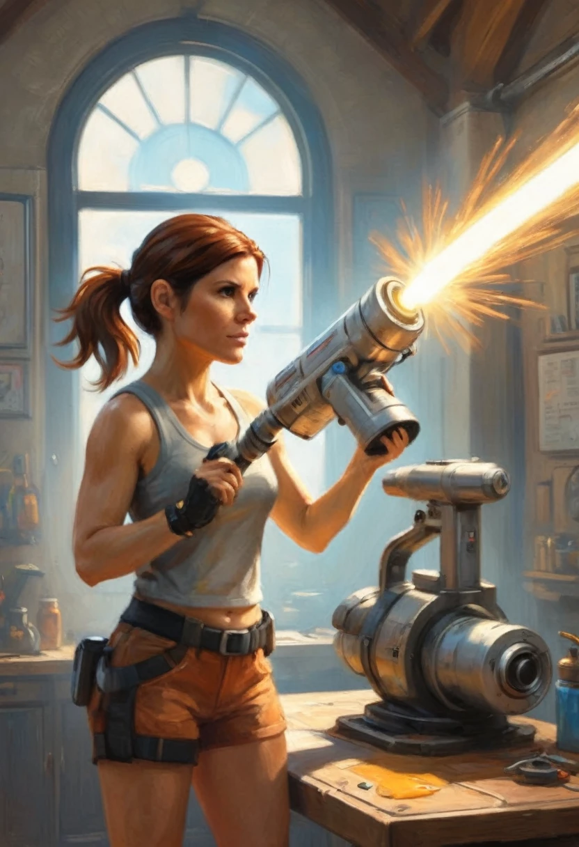 chell(portrayed by Kate Mara), ponytail, tank top, clothes around waist, cleaning a portal gun at a workbench, bright morning sunlight shining through window (zrpgstyle) (masterpiece:1.2) (illustration:1.2) (best quality:1.2) (detailed) (intricate) (8k) (HDR) (cinematic lighting) (sharp focus)