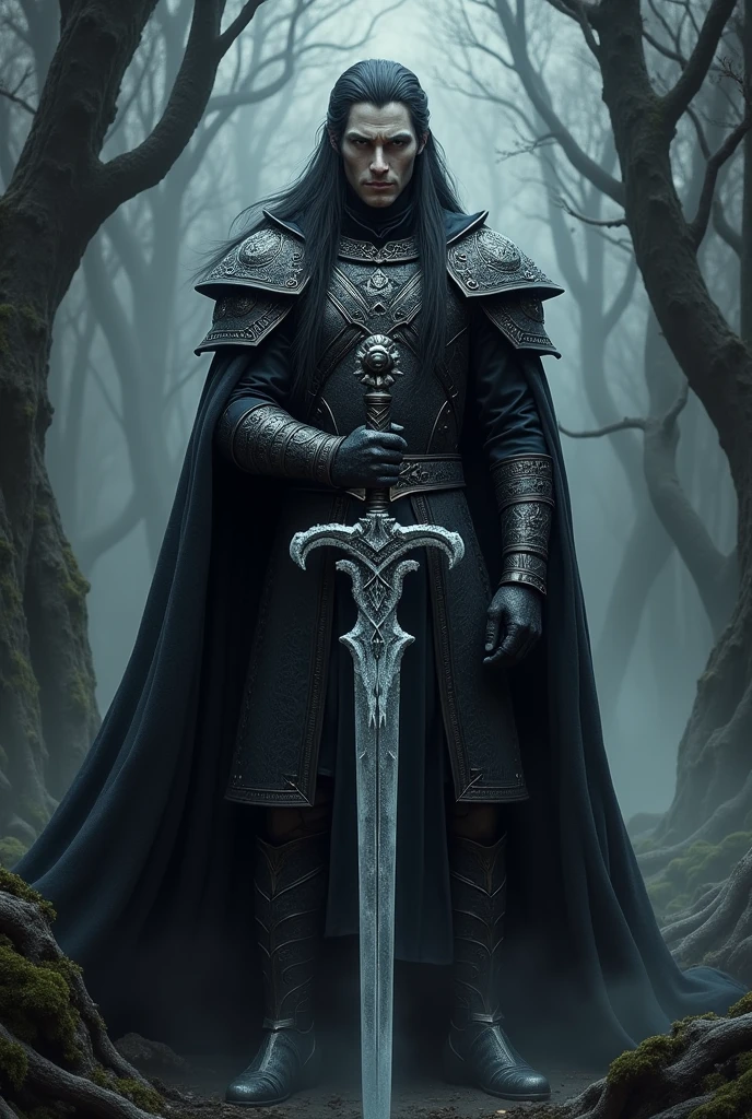 a male Tolkien dark elf king, with sword Frostmourne