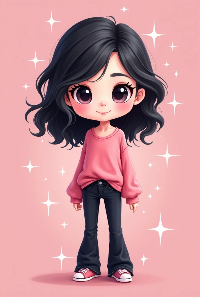 Create a logo of an animated chibi woman with black hair and white skin, wearing black flare jeans and a pink shirt, against a pink background with sparkles.