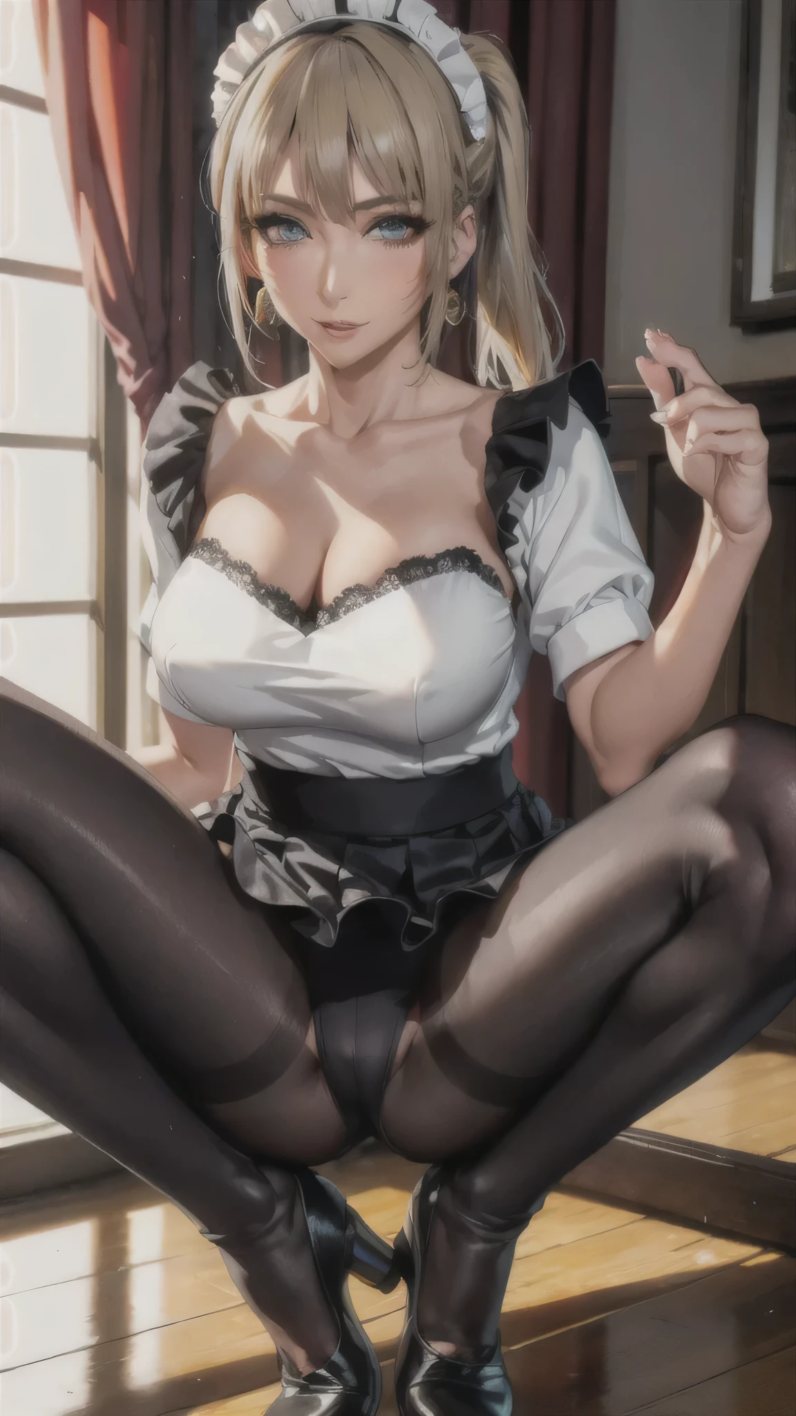 ((Correct Anatomy)),((Maid clothes)),((ruffled white blouse)),((Lace panties)),((Sexy pose)),(((Mini Pleated Skirt))),((open-chest)),((Beautiful feet)),((Black Pantyhose)),((Beautiful feet)),Ultra-high resolution, Mature Woman, Mature Woman, Very detailed, ((Big Tits)), Perfect hands, Detailed fingers, Beautiful details,((Long blonde hair)),((ponytail)),((High heels)),Earrings,Perfect Eyes, Seductive eyes,