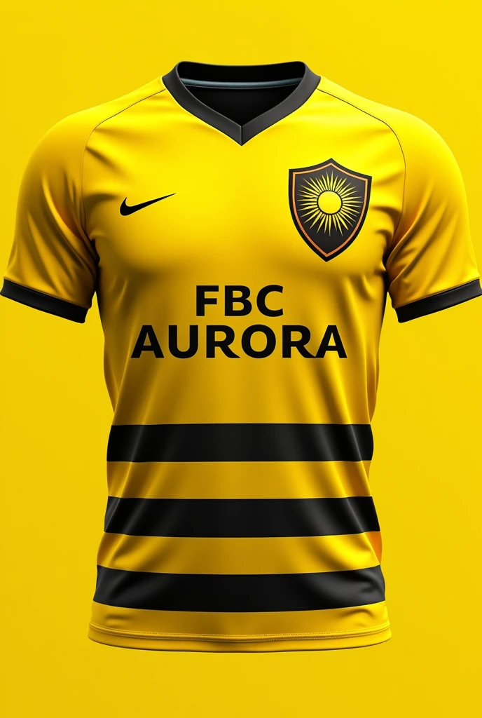 create a shirt for a team called Aurora, the Aurora shield consists of a rising sun with yellow and black lights, and the lower part 10 lines alternating between yellow and black colors, in the middle with black letters FBC AURORA in the middle of a yellow background. This shield should go on the left chest.
