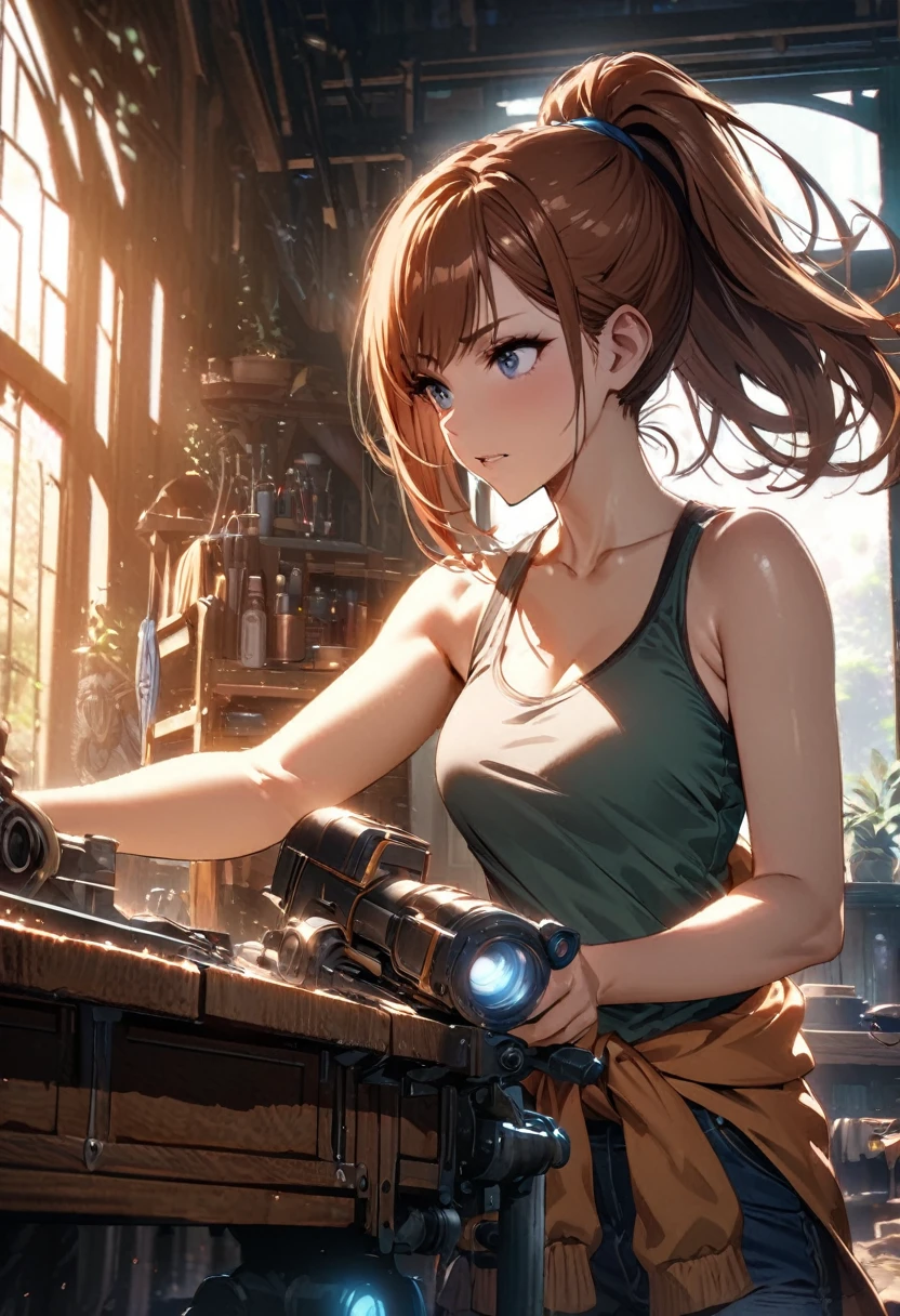 chell(portrayed by Kate Mara), ponytail, tank top, clothes around waist, cleaning a portal gun at a workbench, bright morning sunlight shining through window (zrpgstyle) (masterpiece:1.2) (illustration:1.2) (best quality:1.2) (detailed) (intricate) (8k) (HDR) (cinematic lighting) (sharp focus)