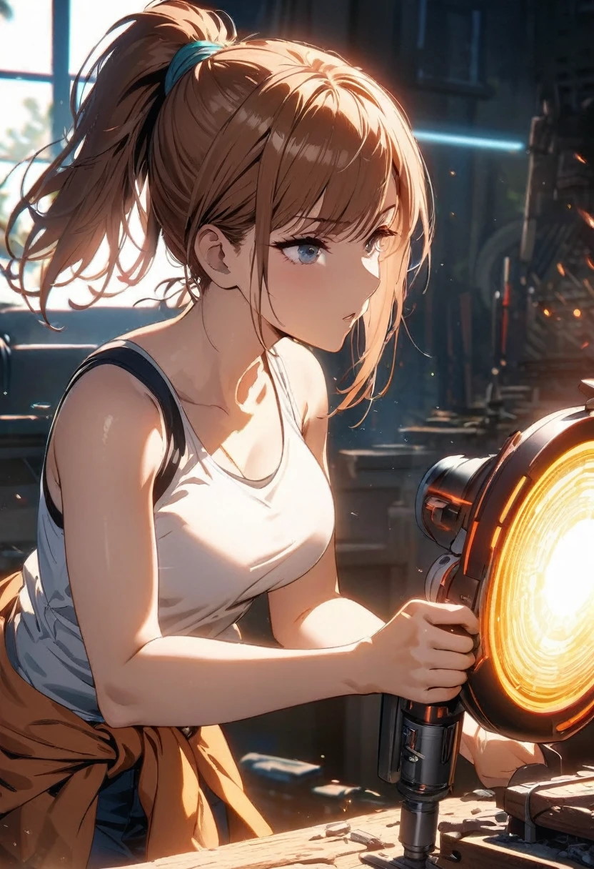 chell(portrayed by Kate Mara), ponytail, tank top, clothes around waist, cleaning a portal gun at a workbench, bright morning sunlight shining through window (zrpgstyle) (masterpiece:1.2) (illustration:1.2) (best quality:1.2) (detailed) (intricate) (8k) (HDR) (cinematic lighting) (sharp focus)