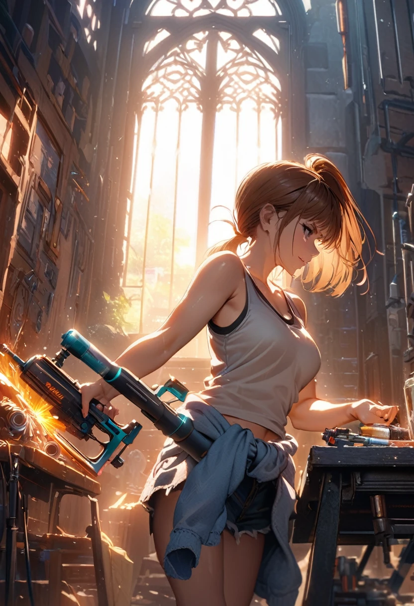 chell(portrayed by Kate Mara), ponytail, tank top, clothes around waist, cleaning a portal gun at a workbench, bright morning sunlight shining through window (zrpgstyle) (masterpiece:1.2) (illustration:1.2) (best quality:1.2) (detailed) (intricate) (8k) (HDR) (cinematic lighting) (sharp focus)
