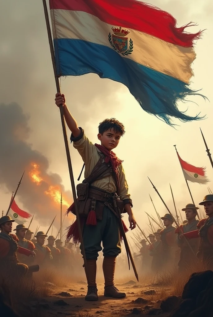 a tall boy, barefoot and thin with torn and dirty clothes, in the middle of a battle from the 1750 war
supporting the Paraguayan flag in red, white and blue horizontally